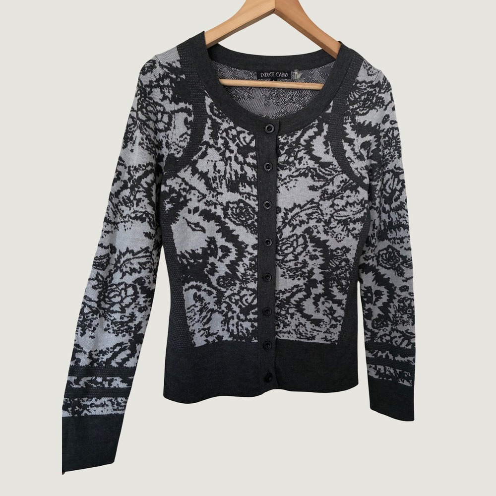 Dolce Cabo Womens Gray Black Floral Wool Blend Jacquard Cardigan Sweater Size S